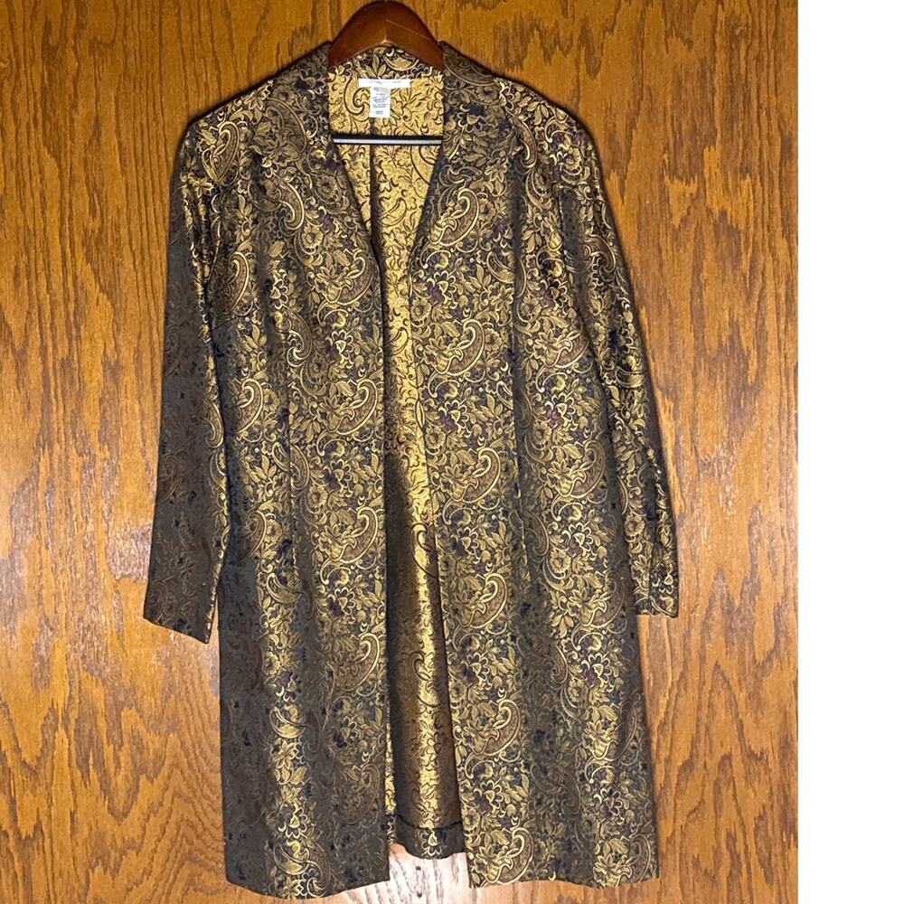 Coldwater Creek Long Open Jacket Brown Gold Paisley Print Duster Size S